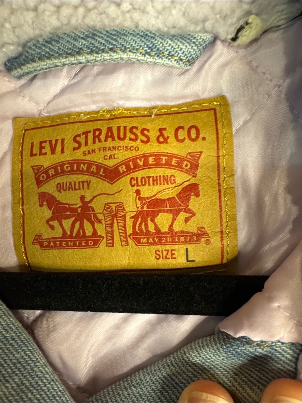 Levi's Light Blue Denim Bomber Jacket with Purple Sherpa Collar - Picture 2 of 11